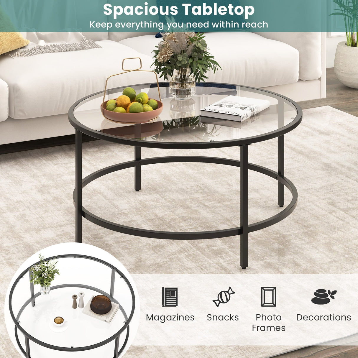 Mesa de centro redonda de 36 pulgadas con tablero de cristal templado