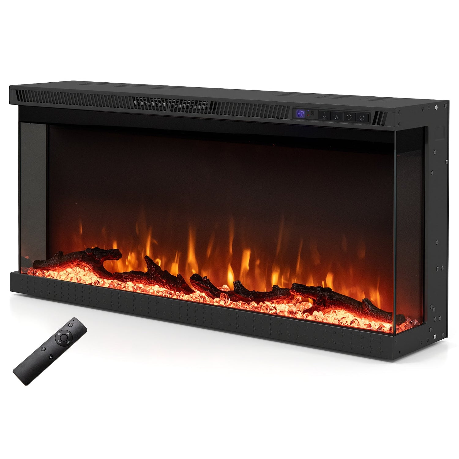 Inserto de chimenea eléctrica de 3 lados de 36/40/50/60 pulgadas de ancho con control remoto y 12 colores de llama