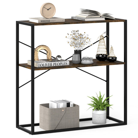 Mesa consola de 36 pulgadas, mesa de entrada de 2 niveles con estantes abiertos de madera y estructura de metal