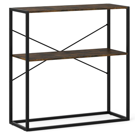 Mesa consola de 36 pulgadas, mesa de entrada de 2 niveles con estantes abiertos de madera y estructura de metal