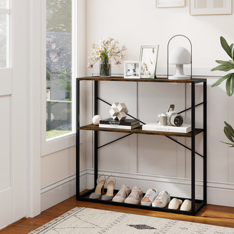 Mesa consola de 36 pulgadas, mesa de entrada de 2 niveles con estantes abiertos de madera y estructura de metal