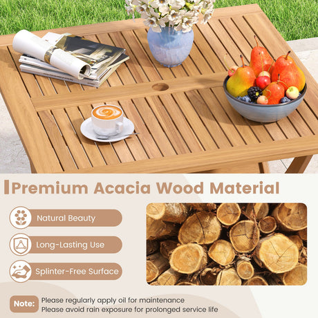 Mesa de Comedor Plegable de Patio de Madera de Acacia de 36 Pulgadas con Agujero para Sombrilla para 4 Personas