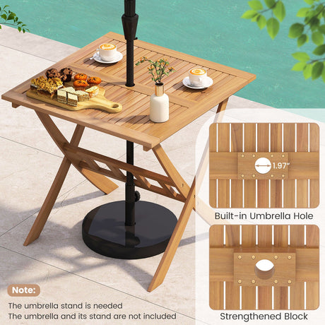 Mesa de Comedor Plegable de Patio de Madera de Acacia de 36 Pulgadas con Agujero para Sombrilla para 4 Personas