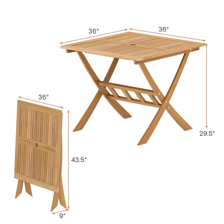 Mesa de Comedor Plegable de Patio de Madera de Acacia de 36 Pulgadas con Agujero para Sombrilla para 4 Personas