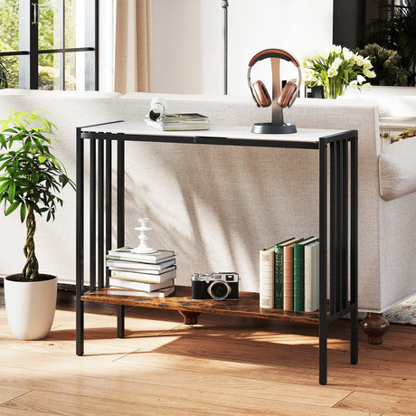 Mesa consola de 36 pulgadas, mesa de recibidor industrial de 2 niveles con superficie de piedra sinterizada