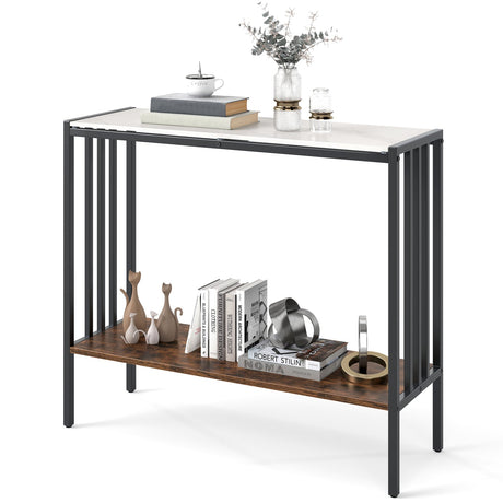 Mesa consola de 36 pulgadas, mesa de recibidor industrial de 2 niveles con superficie de piedra sinterizada