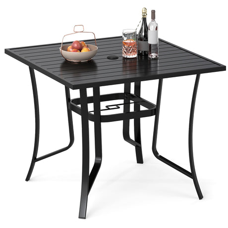 Mesa de patio cuadrada de metal de 36 pulgadas para 4 personas con agujero para sombrilla - Negra