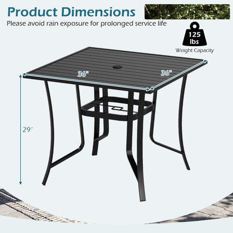 Mesa de patio cuadrada de metal de 36 pulgadas para 4 personas con agujero para sombrilla - Negra