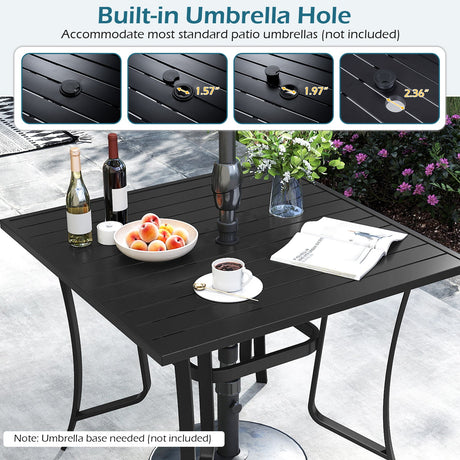 Mesa de patio cuadrada de metal de 36 pulgadas para 4 personas con agujero para sombrilla - Negra