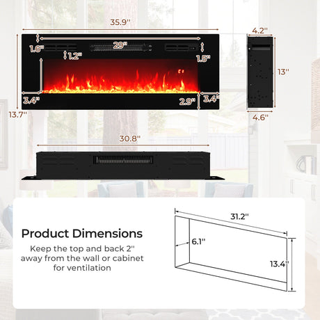 Calefactor eléctrico para chimenea de 36 pulgadas, empotrado con luces LED de tira y control remoto