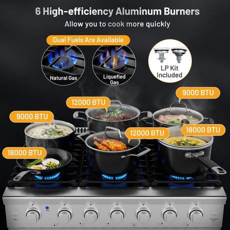 Cocina de gas natural de pie de 36 pulgadas con quemador de 6 fuegos