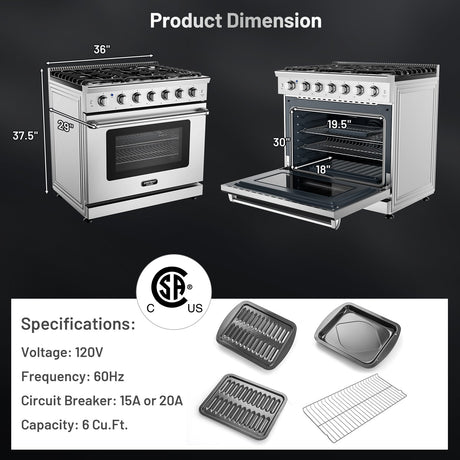 Cocina de gas natural de pie de 36 pulgadas con quemador de 6 fuegos
