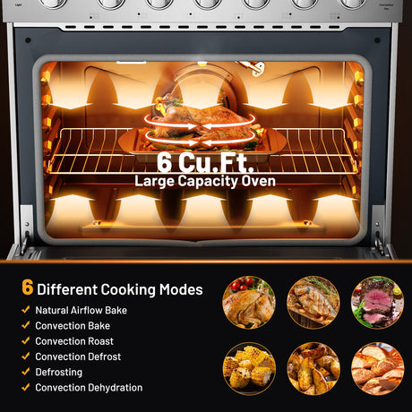 Cocina de gas natural de pie de 36 pulgadas con quemador de 6 fuegos