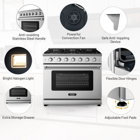 Cocina de gas natural de pie de 36 pulgadas con quemador de 6 fuegos