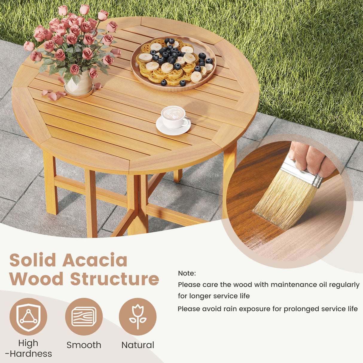 Mesa de comedor redonda plegable para exterior de 91 cm con tablero de listones