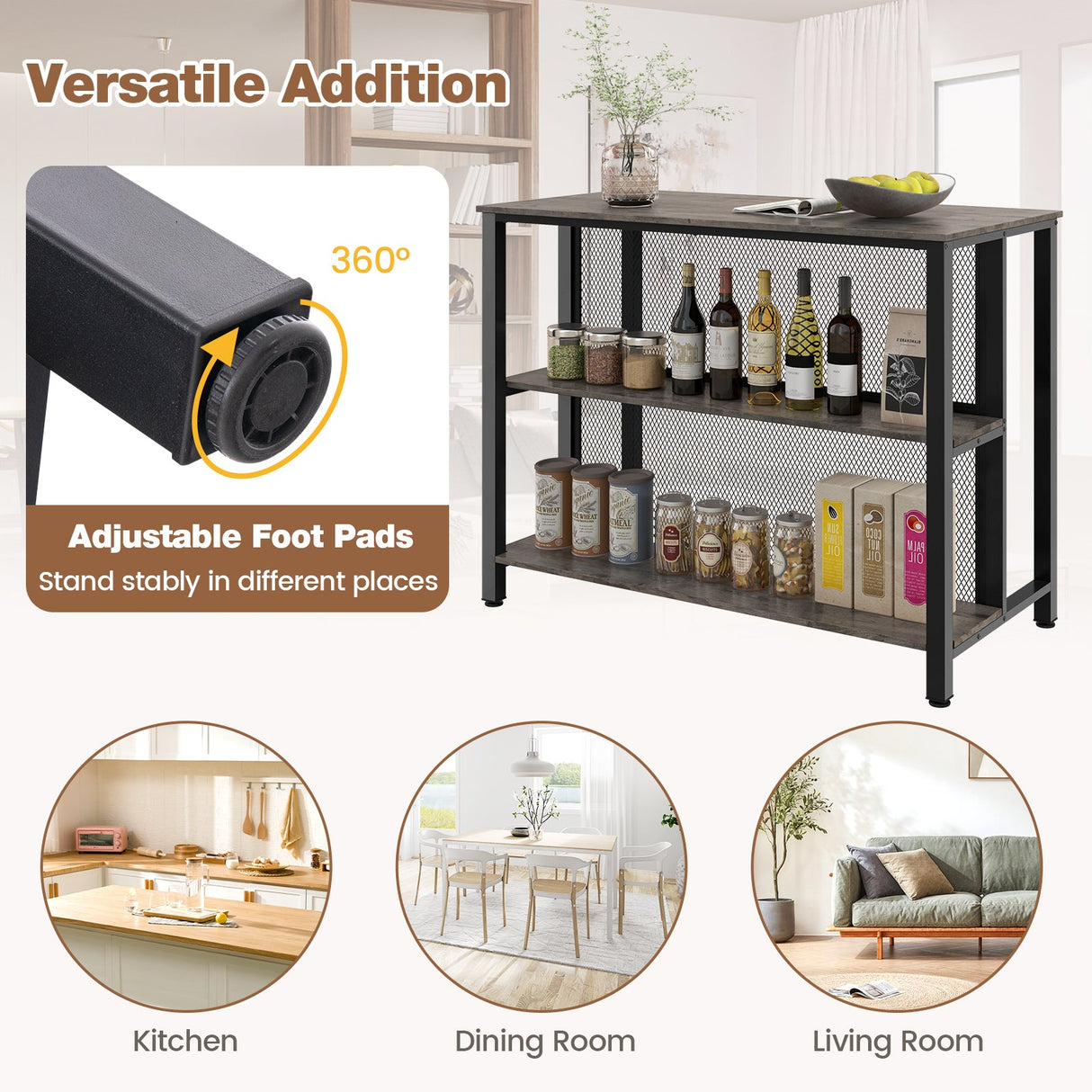 36 Inch 3-Tier Bar Table with Storage Metal Frame Adjustable Foot Pads for Dining Room