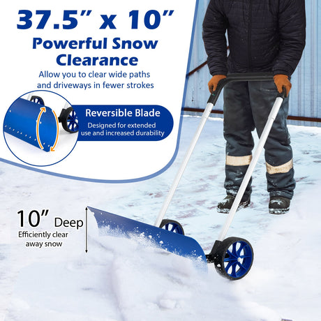 Pala de nieve de aluminio de 37.5 pulgadas con ruedas y cuchilla angular bidireccional - Azul