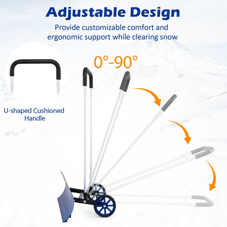 Pala de nieve de aluminio de 37.5 pulgadas con ruedas y cuchilla angular bidireccional - Azul