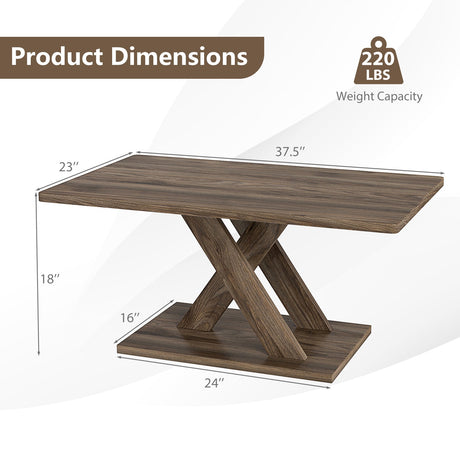 Mesa de centro rectangular de 37.5 pulgadas con base estable y conexión de madera de caucho para sala de estar - Marrón