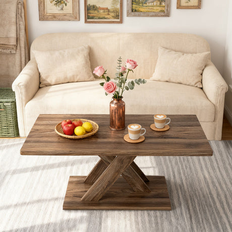 Mesa de centro rectangular de 37.5 pulgadas con base estable y conexión de madera de caucho para sala de estar - Marrón