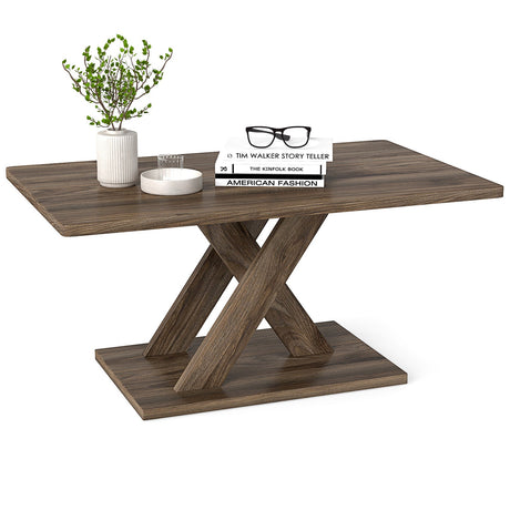 Mesa de centro rectangular de 37.5 pulgadas con base estable y conexión de madera de caucho para sala de estar - Marrón