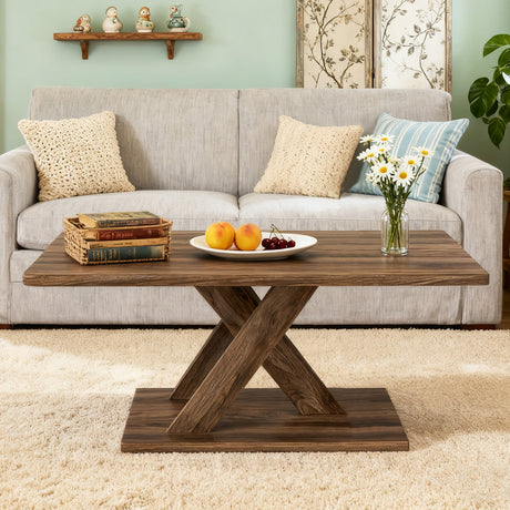 Mesa de centro rectangular de 37.5 pulgadas con base estable y conexión de madera de caucho para sala de estar - Marrón