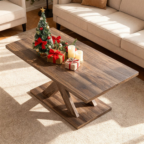 Mesa de centro rectangular de 37.5 pulgadas con base estable y conexión de madera de caucho para sala de estar - Marrón