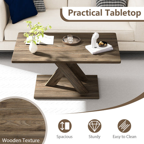 Mesa de centro rectangular de 37.5 pulgadas con base estable y conexión de madera de caucho para sala de estar - Marrón