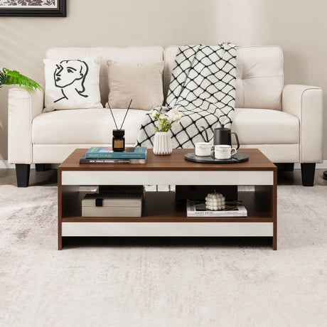 Mesa de centro rectangular de madera de 37 pulgadas y 2 niveles con estante de almacenamiento - Nogal