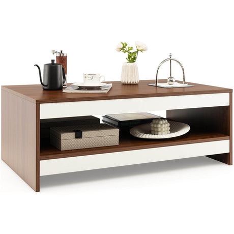 Mesa de centro rectangular de madera de 37 pulgadas y 2 niveles con estante de almacenamiento - Nogal