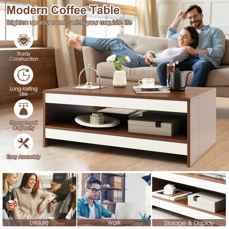 Mesa de centro rectangular de madera de 37 pulgadas y 2 niveles con estante de almacenamiento - Nogal