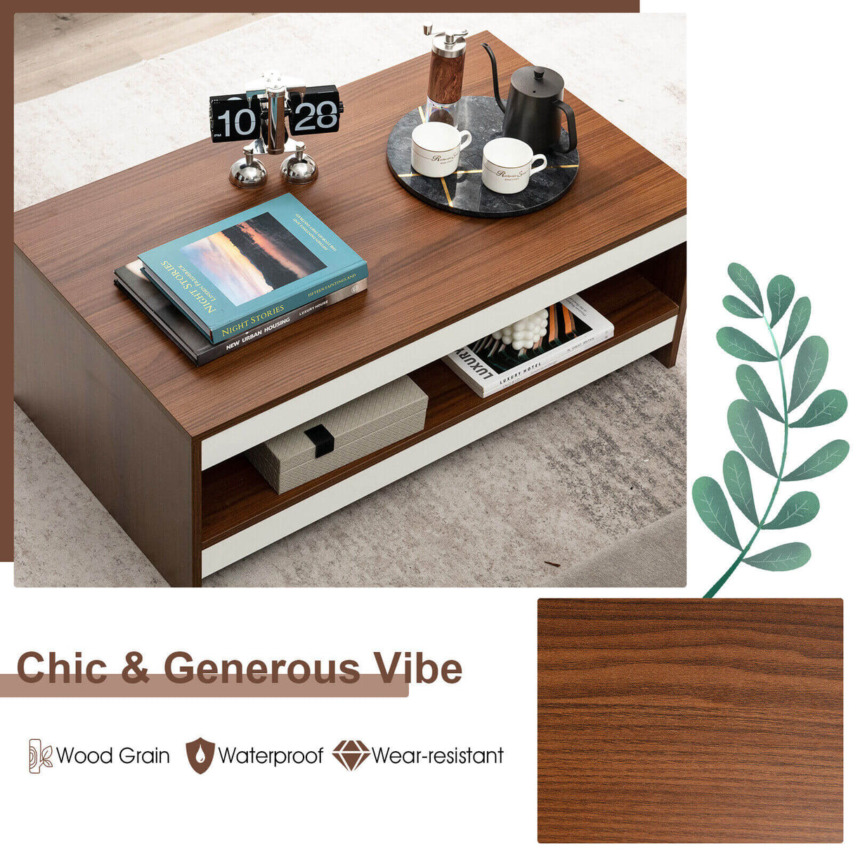37 Inch 2-Tier Rectangle Wooden Coffee Table with Storage Shelf-Wulnat