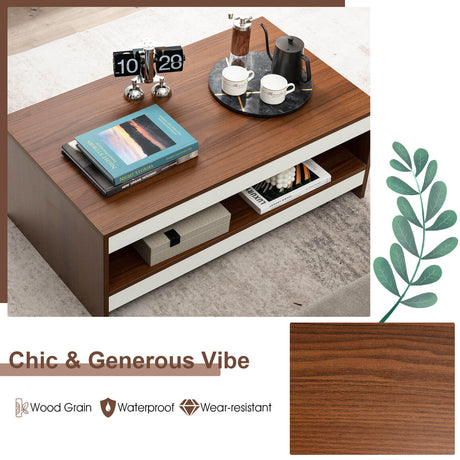 Mesa de centro rectangular de madera de 37 pulgadas y 2 niveles con estante de almacenamiento - Nogal