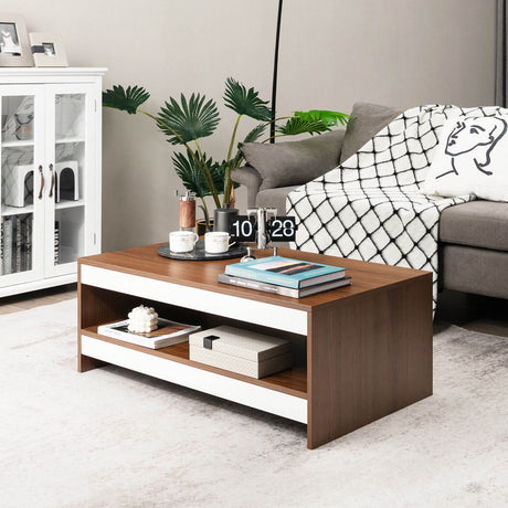 Mesa de centro rectangular de madera de 37 pulgadas y 2 niveles con estante de almacenamiento - Nogal