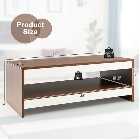 Mesa de centro rectangular de madera de 37 pulgadas y 2 niveles con estante de almacenamiento - Nogal