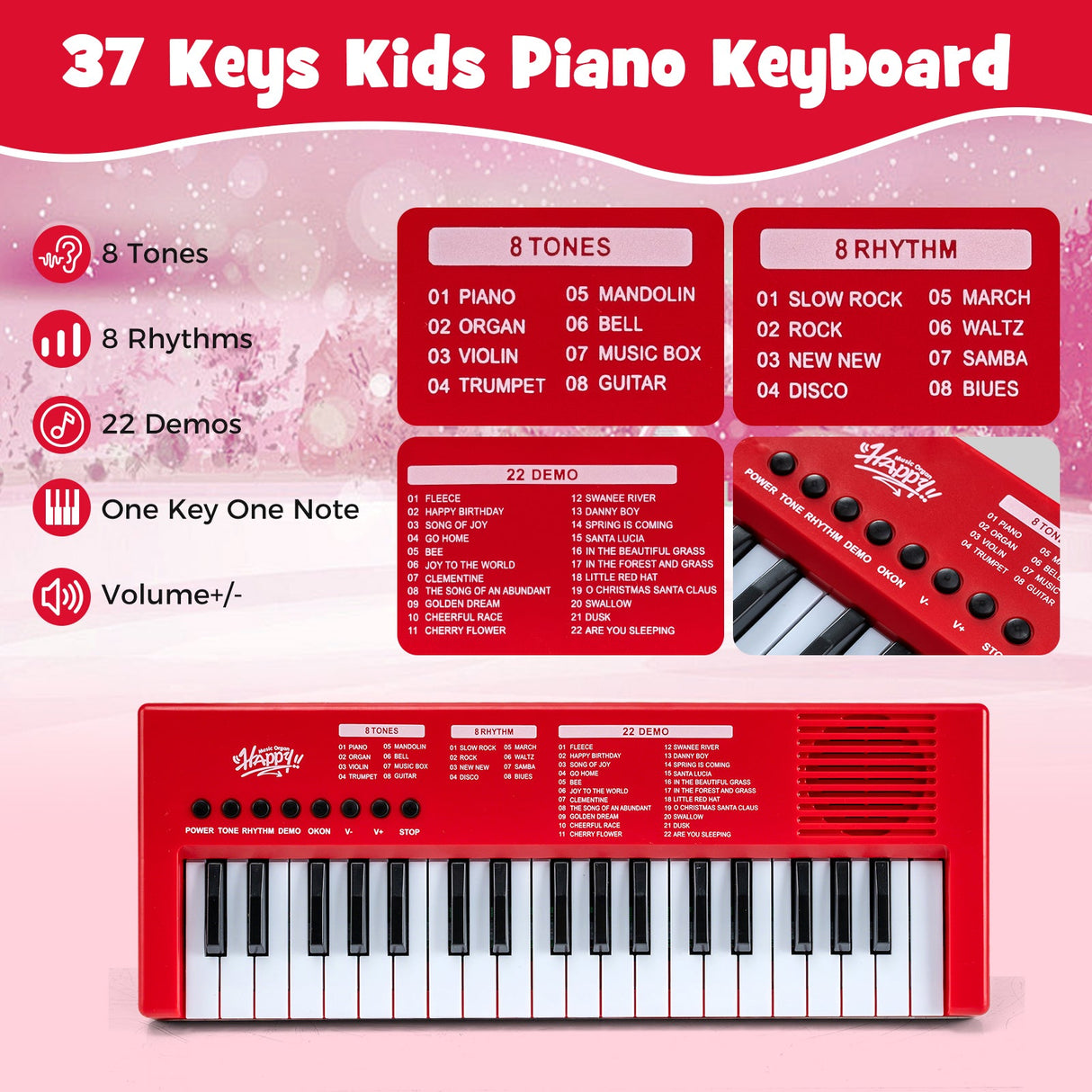 Teclado de piano para niños de 37 teclas con 8 ritmos y micrófono
