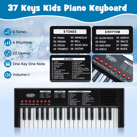 Teclado de piano para niños de 37 teclas con 8 ritmos y micrófono