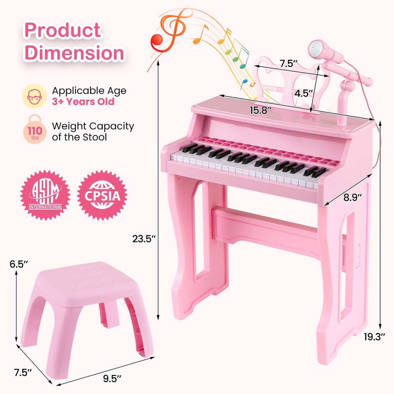 Piano musical de 37 teclas con micrófono Teclado de piano para niños con atril desmontable