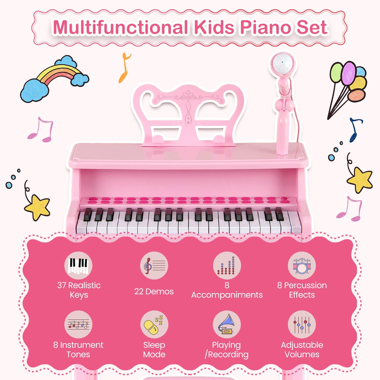 Piano musical de 37 teclas con micrófono Teclado de piano para niños con atril desmontable