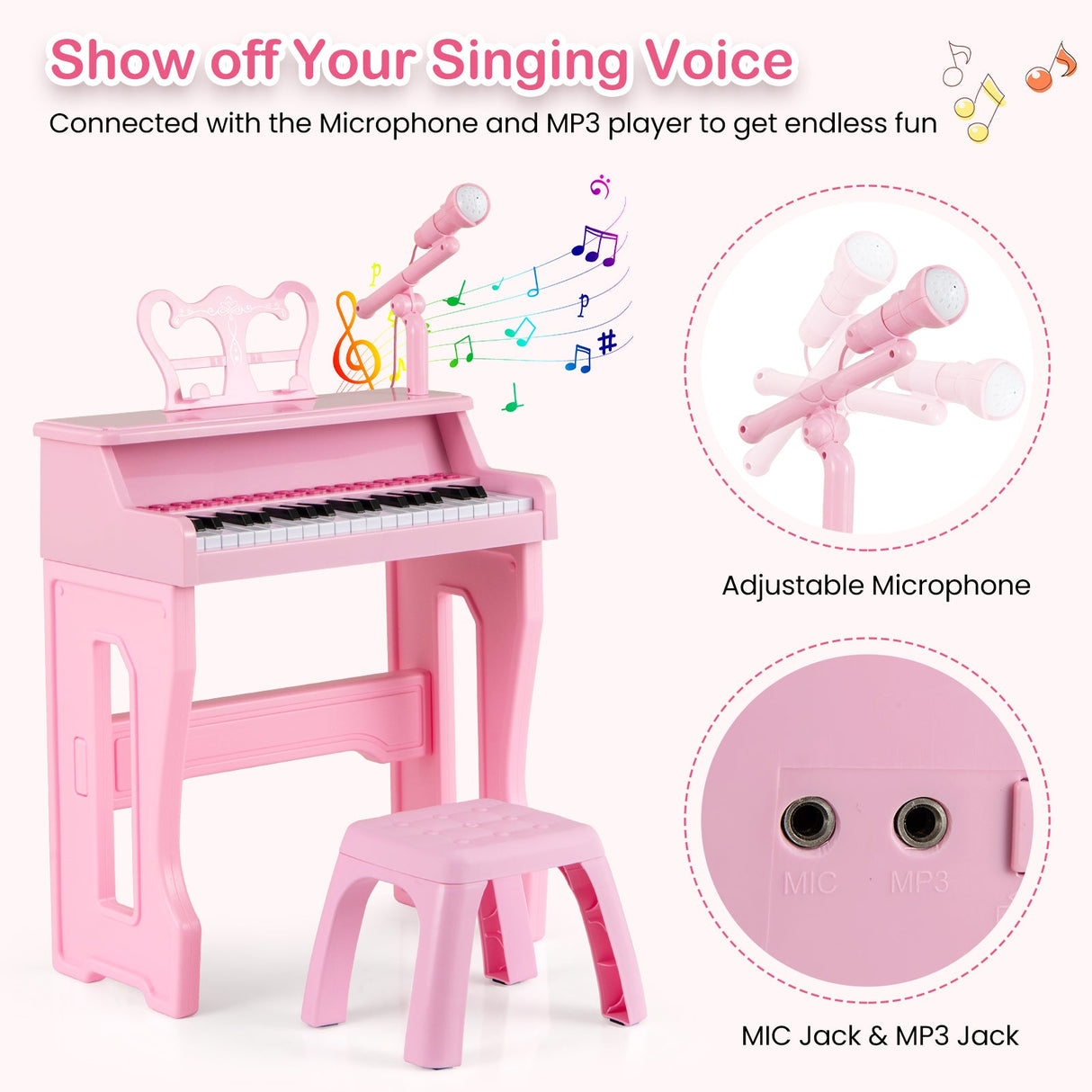 Piano musical de 37 teclas con micrófono Teclado de piano para niños con atril desmontable