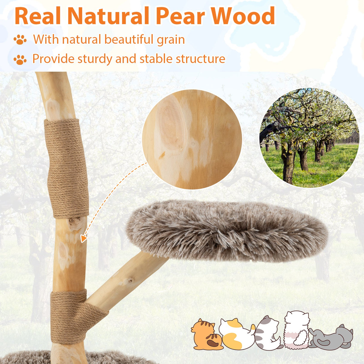 Árbol rascador moderno para gatos de madera con percha y postes rascadores de yute natural - Marrón