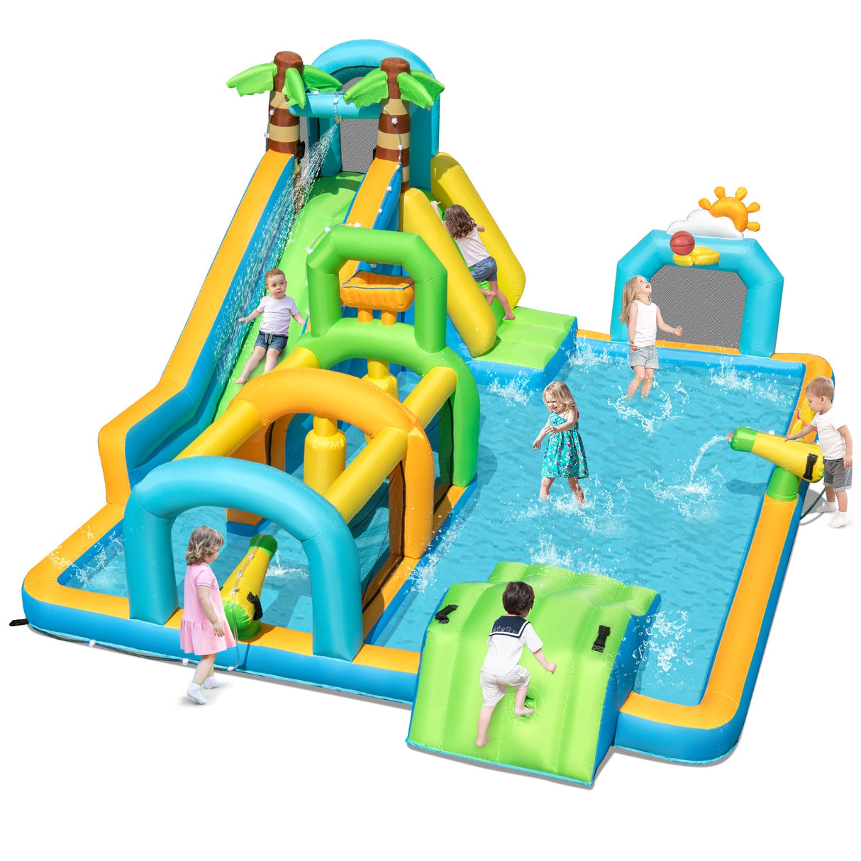 Tobogán Hinchable de Agua Temática Tropical con Doble Rampa, Parque Acuático, Excluye Soplador