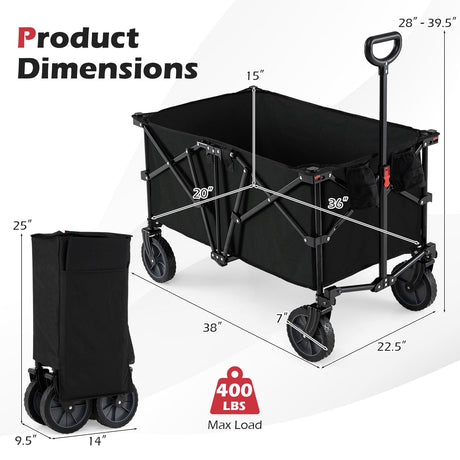 Carro Plegable Reforzado de 38 Pulgadas y 400 LBS con Asa Ajustable para Jardín y Camping - Negro