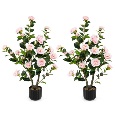 Árbol artificial de camelia de 38 pulgadas, planta de flores de imitación en maceta de cemento, paquete de 2