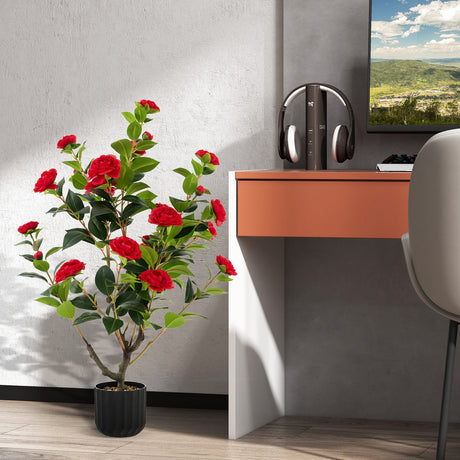 Árbol artificial de camelia de 38 pulgadas, planta de flores falsas en maceta de cemento
