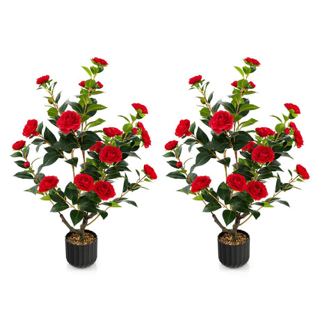 Árbol artificial de camelia de 38 pulgadas, planta de flores de imitación en maceta de cemento, paquete de 2