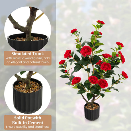 Árbol artificial de camelia de 38 pulgadas, planta de flores de imitación en maceta de cemento, paquete de 2
