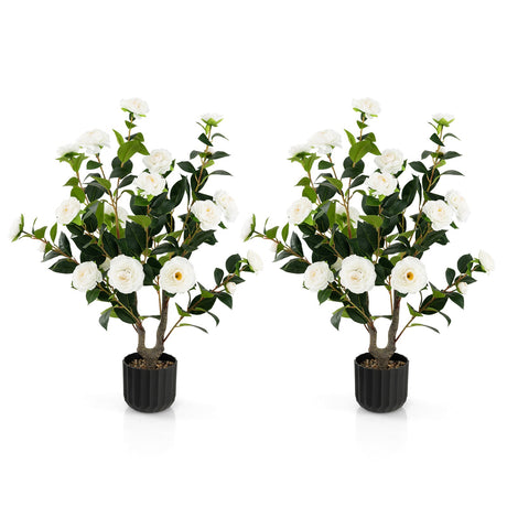 Árbol artificial de camelia de 38 pulgadas, planta de flores de imitación en maceta de cemento, paquete de 2