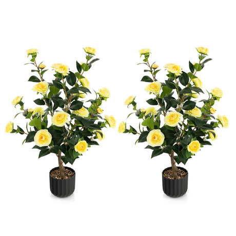 Árbol artificial de camelia de 38 pulgadas, planta de flores de imitación en maceta de cemento, paquete de 2