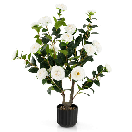 Árbol artificial de camelia de 38 pulgadas, planta de flores falsas en maceta de cemento